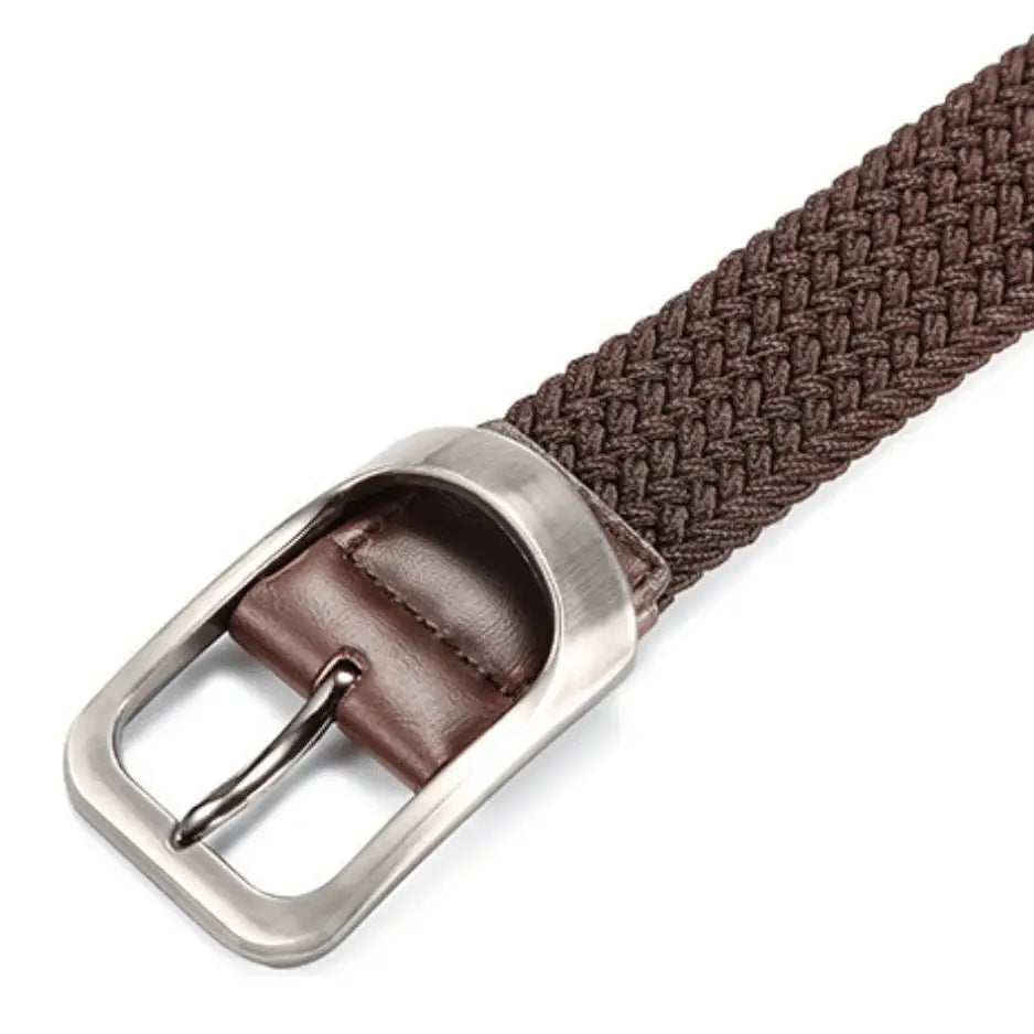 Set of four braided brown elastic belts with silver metal buckles