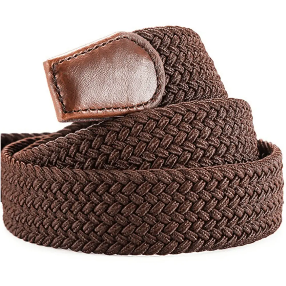 Brown woven belt with leather accent from Set of Four Braided Elastic Belts with Metal Buckles