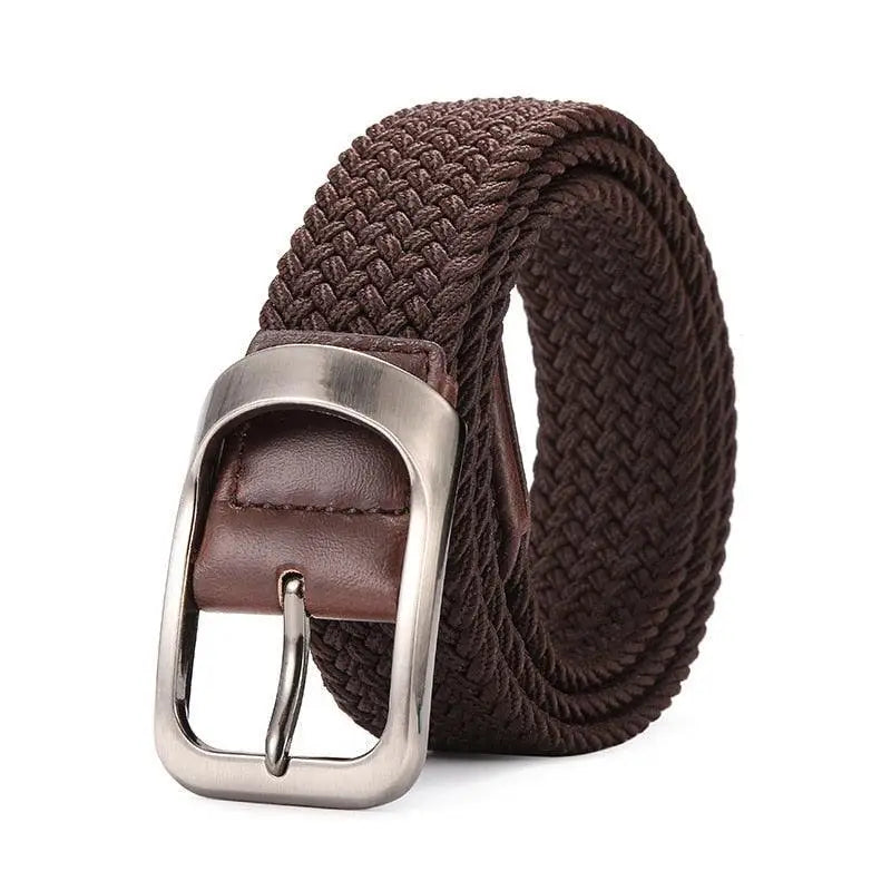 Braided brown belt with silver buckle from a set of four elastic metal buckle belts