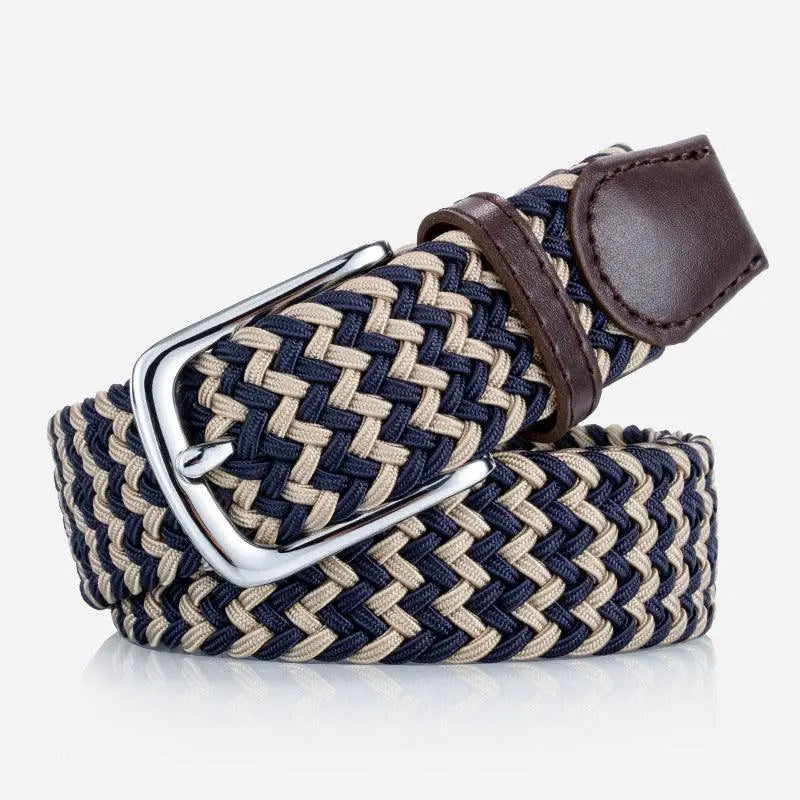 Braided elastic belt with leather accents and metal details for stylish wear
