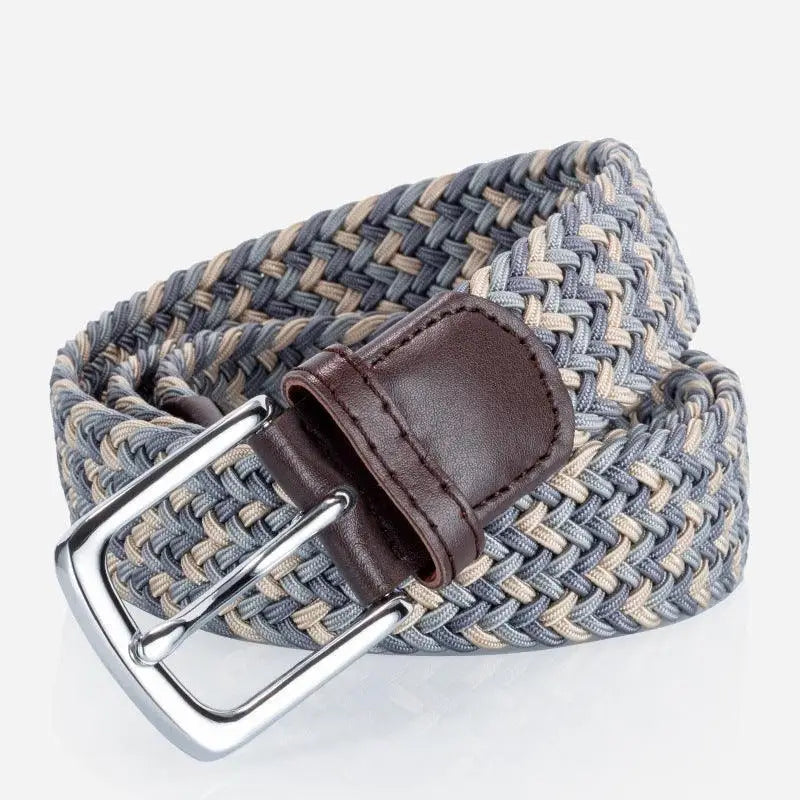 Braided elastic belt with leather and metal buckle for stylish accessories