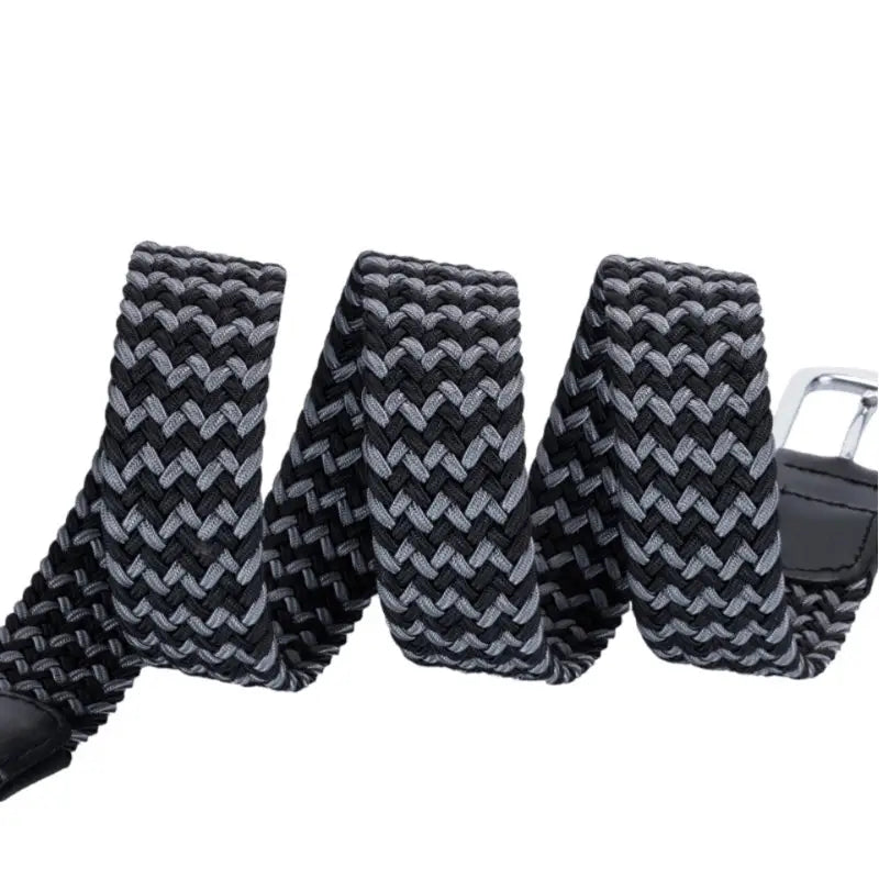 Braided black and gray elastic belt with leather and metal details for men and women