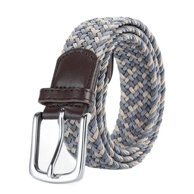 Braided gray and white elastic belt with brown leather accents and silver buckle
