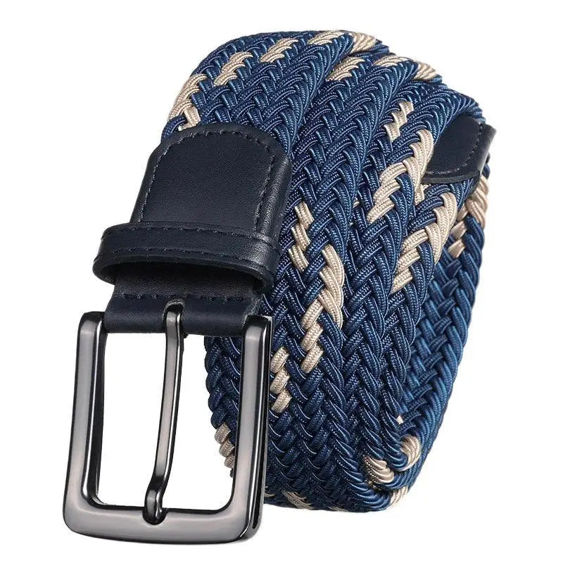 Darius Men’s Elastic Braided Belt in Blue and Beige with Dark Buckle