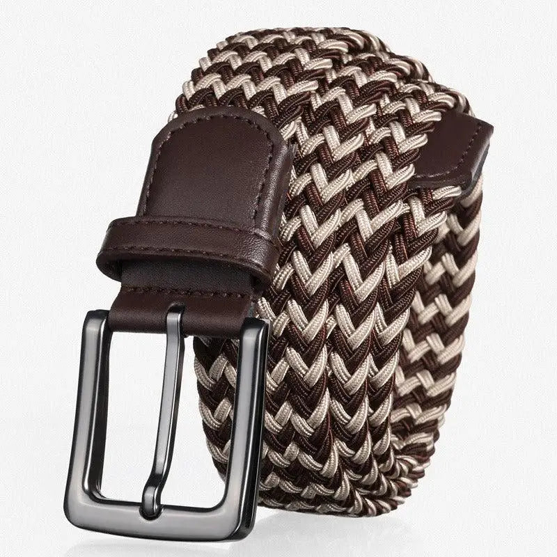 Elegant Darius Men’s Elastic Braided Belt in brown and beige with dark leather buckle