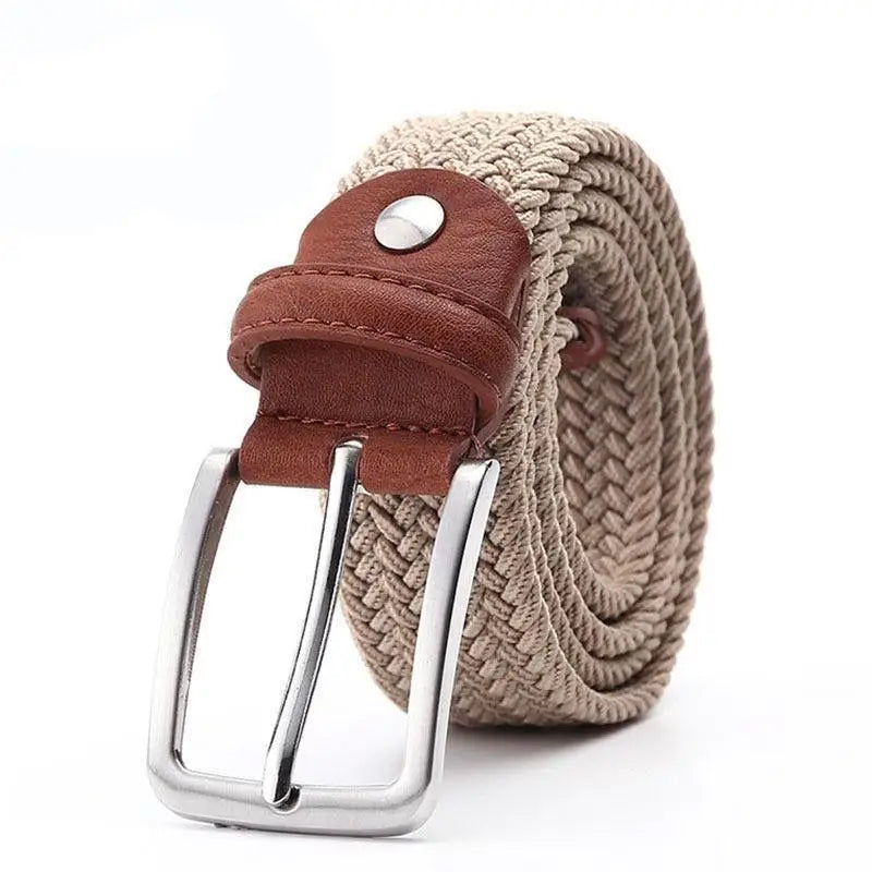Elastic fabric belt for men with braided beige design, leather accents, and silver buckle