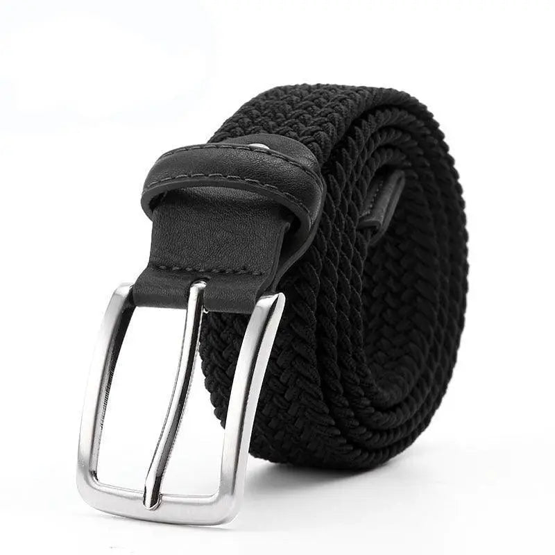 Elegant black elastic fabric belt with braided design and silver buckle for men