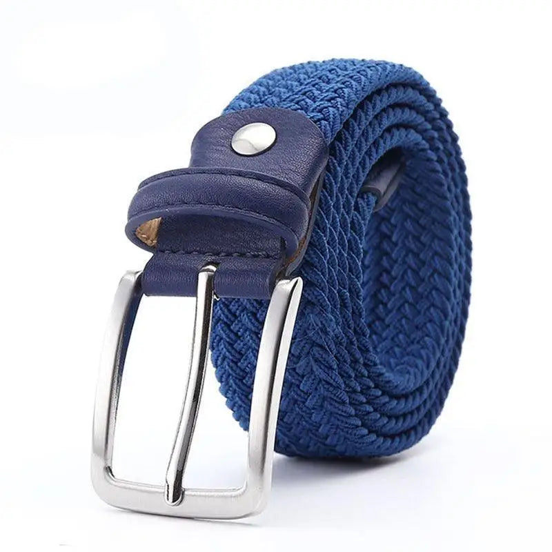Blue woven elastic fabric belt for men with silver buckle and leather accents