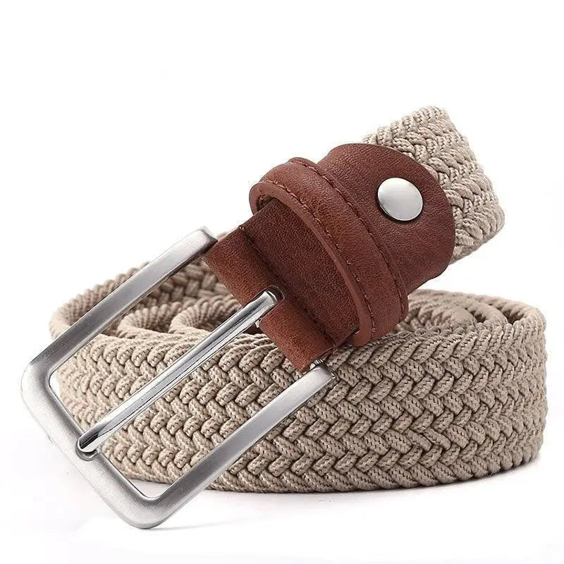 Elastic fabric belt for homme with braided design, beige fabric, leather accents, silver buckle