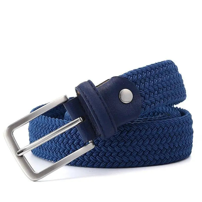 Elegant braided blue elastic fabric belt for men with silver buckle and leather accents