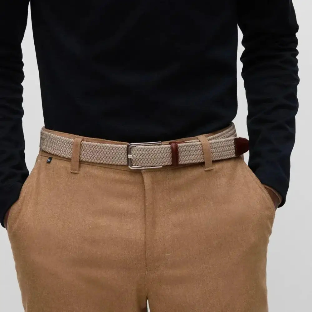 Elastic fabric belt for men with braided design and leather accents