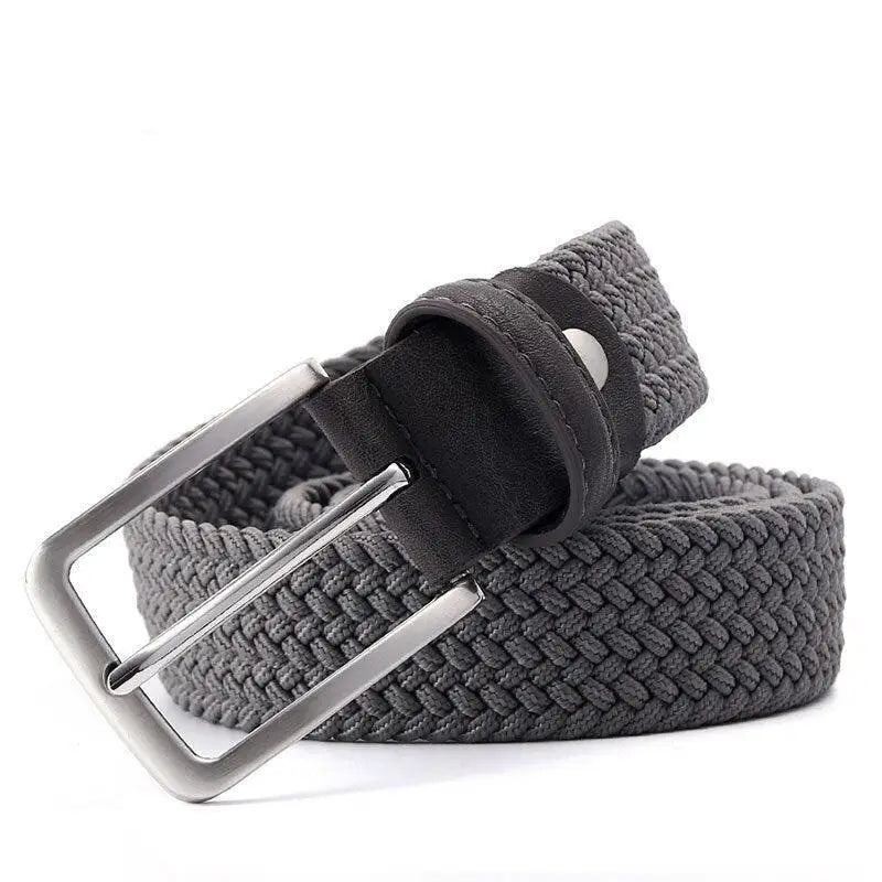 Gray woven elastic fabric belt with silver buckle and leather accents for men