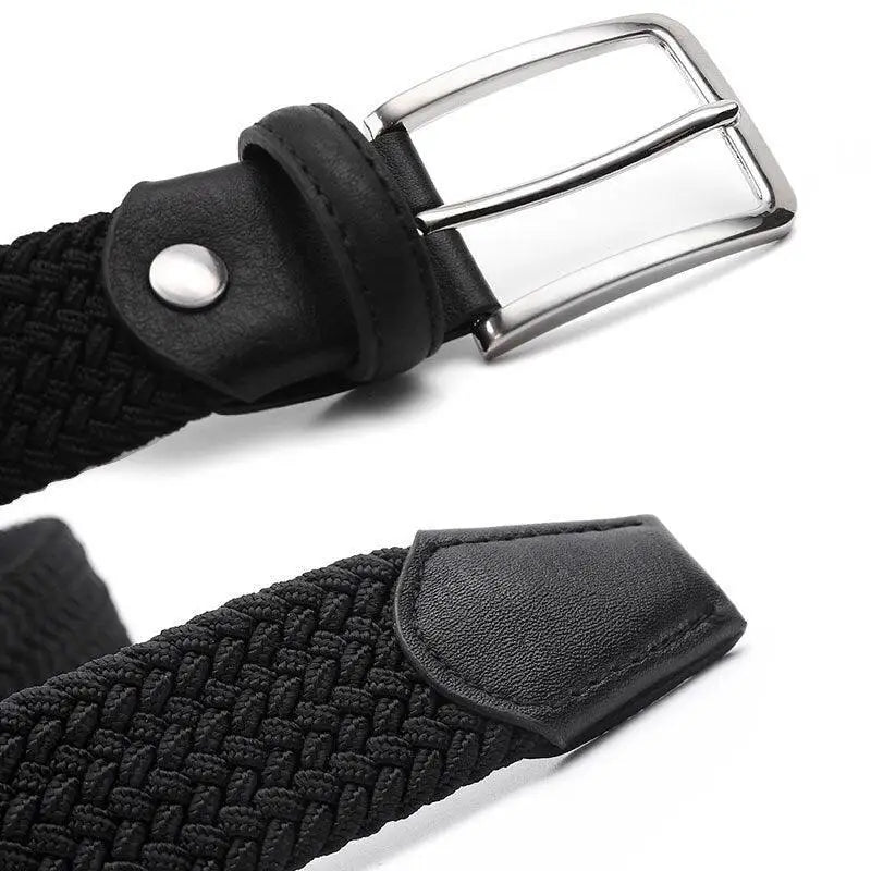 Black woven elastic fabric belt with silver buckle and leather accents for men