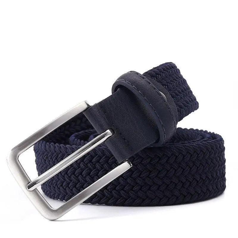Elastic fabric belt for men with braided design and silver buckle, suitable pour homme