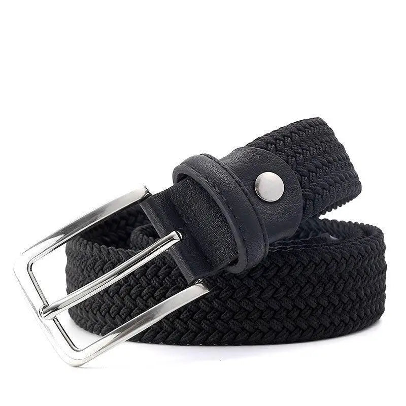 Elastic fabric belt for men with braided design and silver buckle, perfect for homme