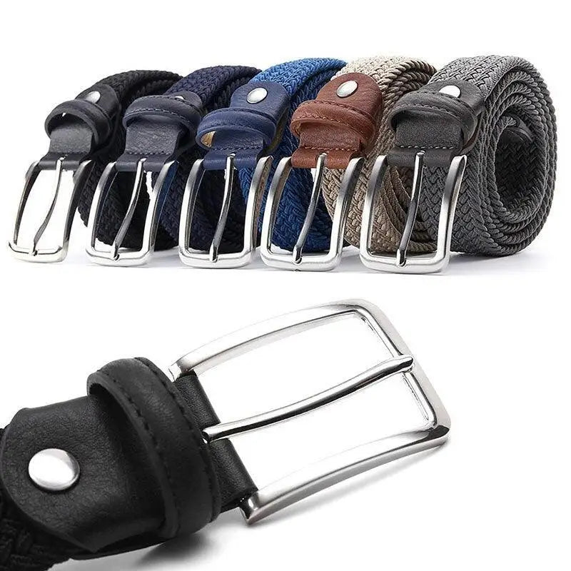 Assorted braided elastic fabric belts with silver buckles and leather accents