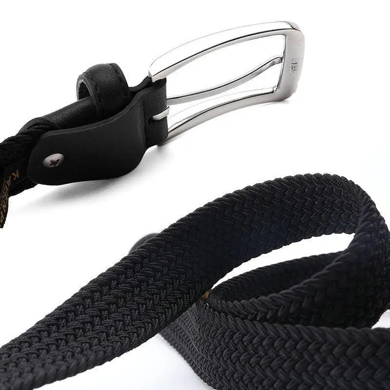 Elastic fabric belt for men with braided design and leather accents, silver buckle