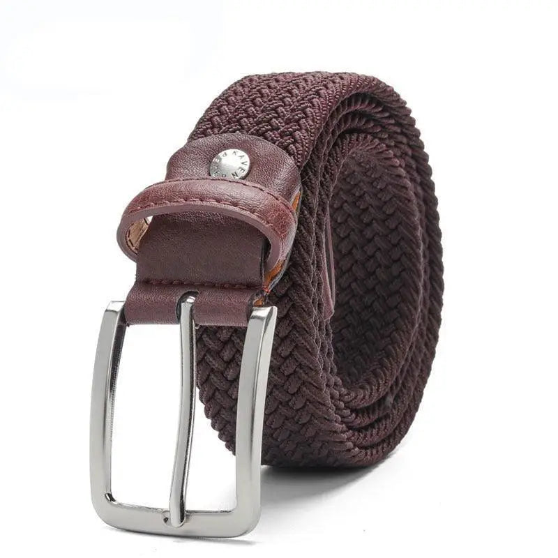 Brown woven elastic fabric belt for men with silver buckle and leather accents