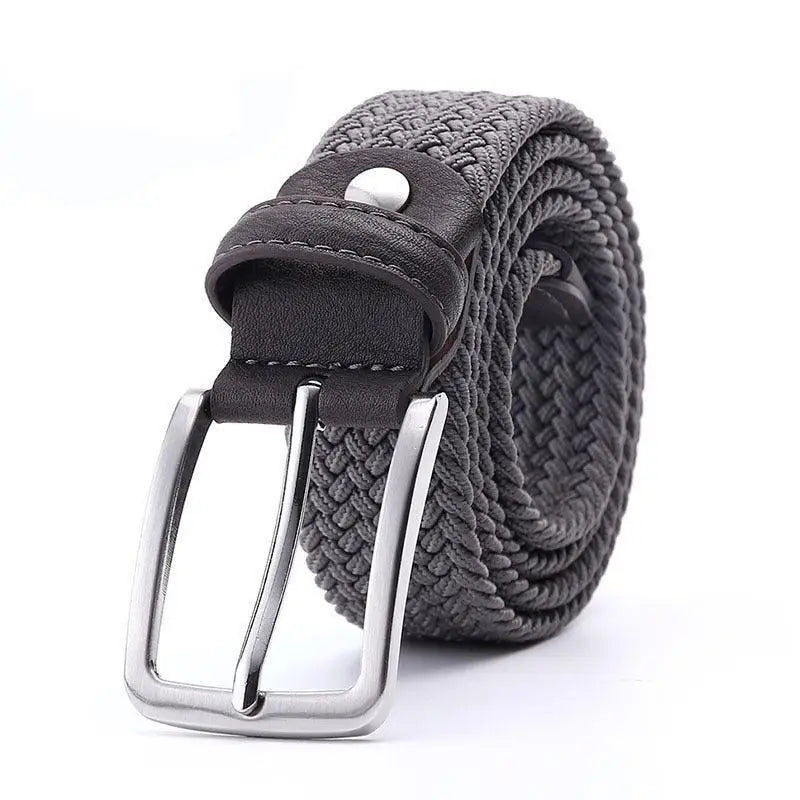 Gray braided elastic fabric belt with silver buckle and leather accents for men