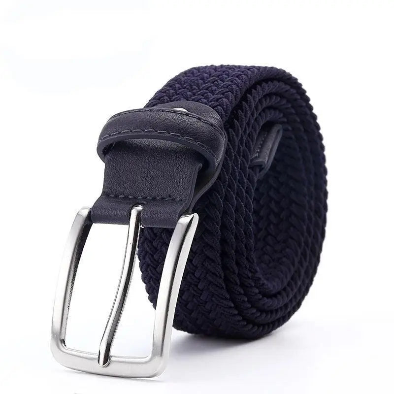 Elastic fabric belt for men with braided design, navy color, and silver buckle