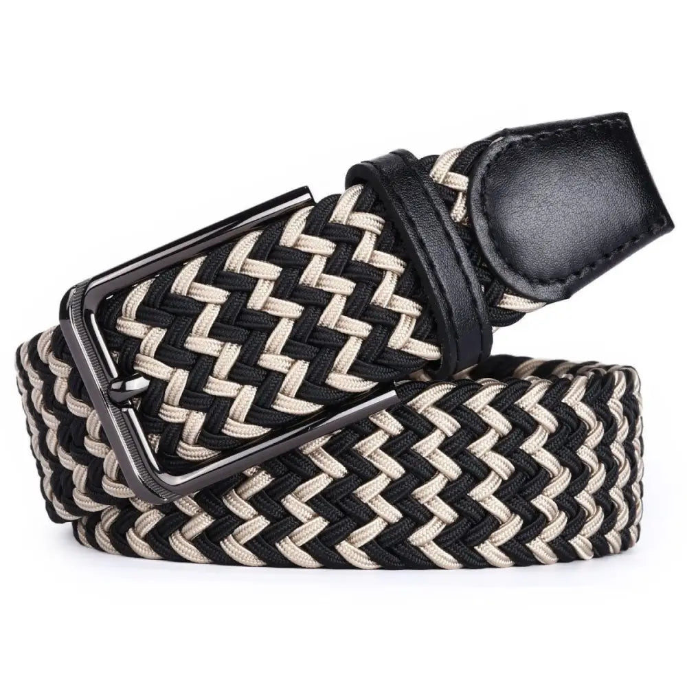Efisio Elastic Braided Belt with Leather Buckle in Black and White, elastic braided design