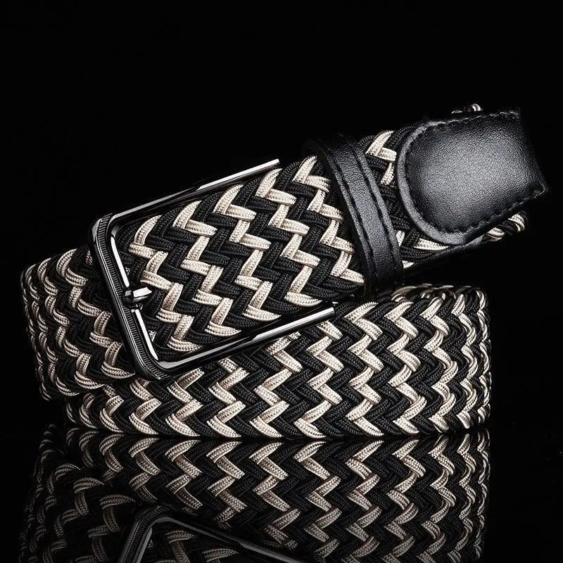 Efisio elastic braided belt with leather buckle in black and white for stylish wear