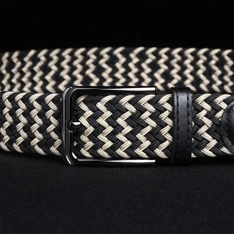 Efisio Elastic Braided Belt with Leather Buckle in black and white, stylish and durable