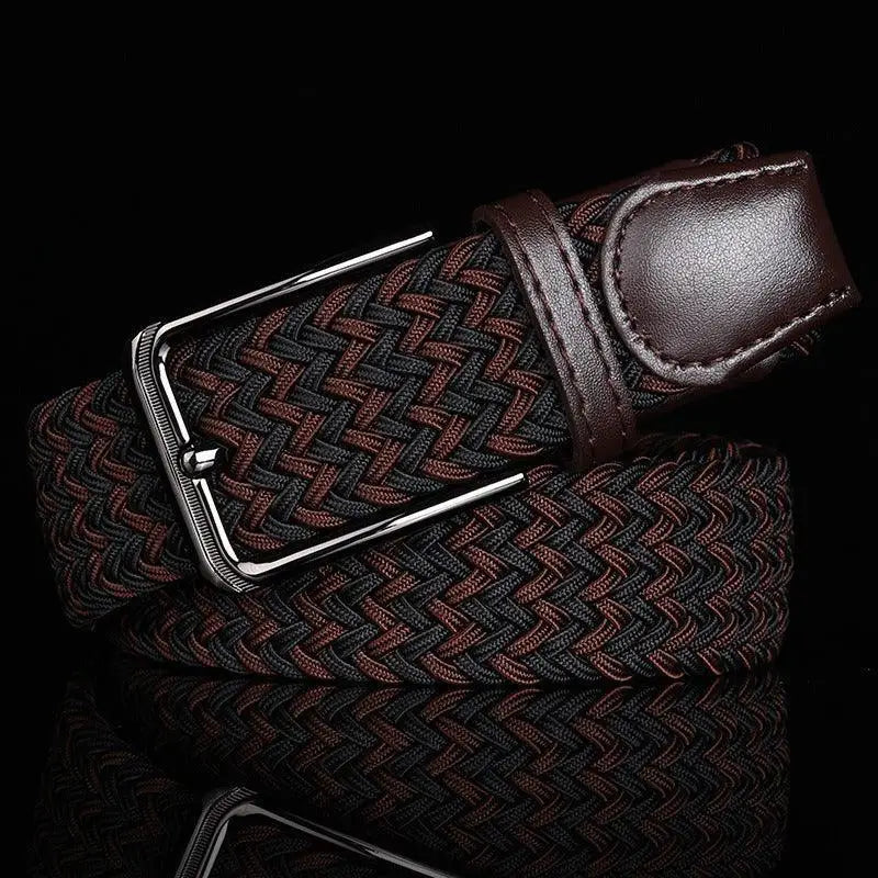 Efisio elastic braided belt with leather accents and buckle in black and white