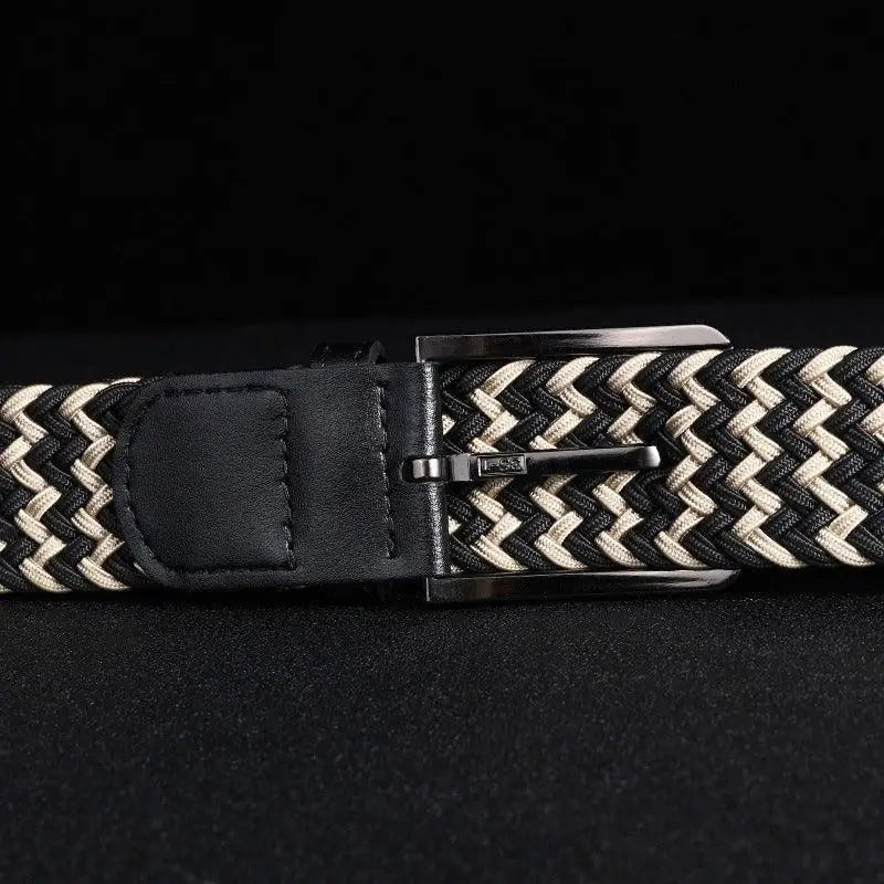 Efisio Elastic Braided Belt with Leather Buckle in Black and White for stylish wear