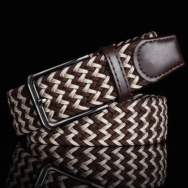 Efisio Elastic Braided Belt with Leather Buckle in Black and White showing brown and beige leather straps