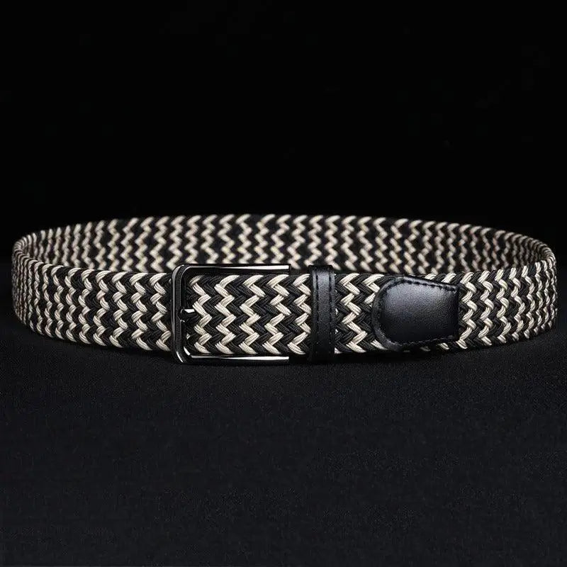 Efisio Elastic Braided Belt with Leather Buckle in Black and White for Men