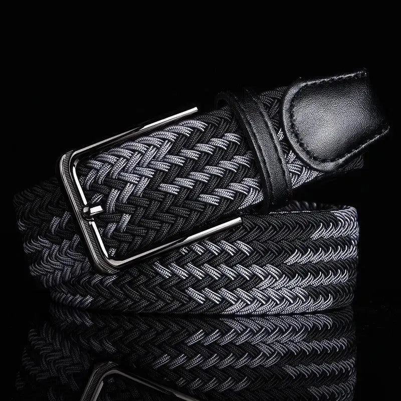 Efisio elastic braided belt with black and gray design and leather buckle for stylish wear