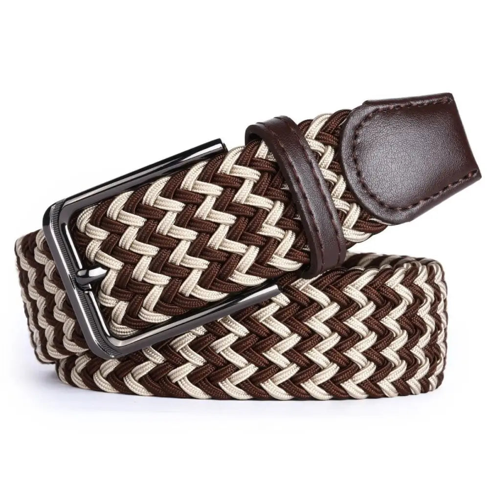 Efisio Elastic Braided Belt with Leather Buckle in Brown and Beige