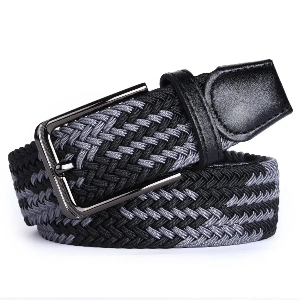 Efisio Elastic Braided Belt with Leather Buckle in black and white for versatile style