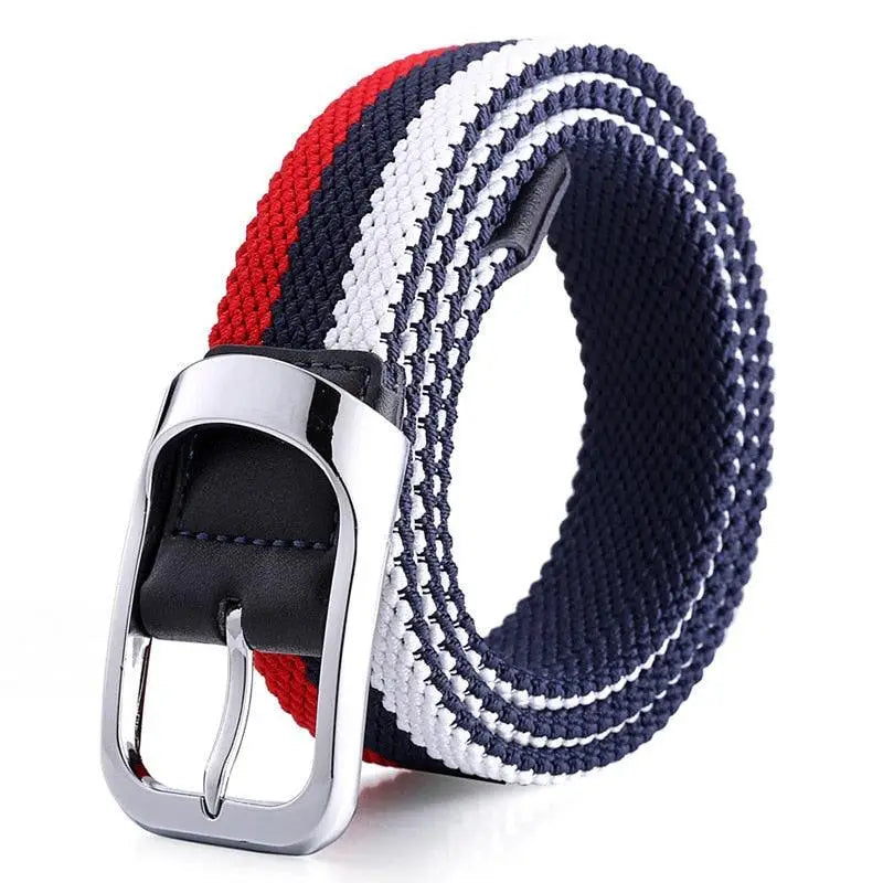 Elastic braided belt with striped design and silver buckle for casual fashion style