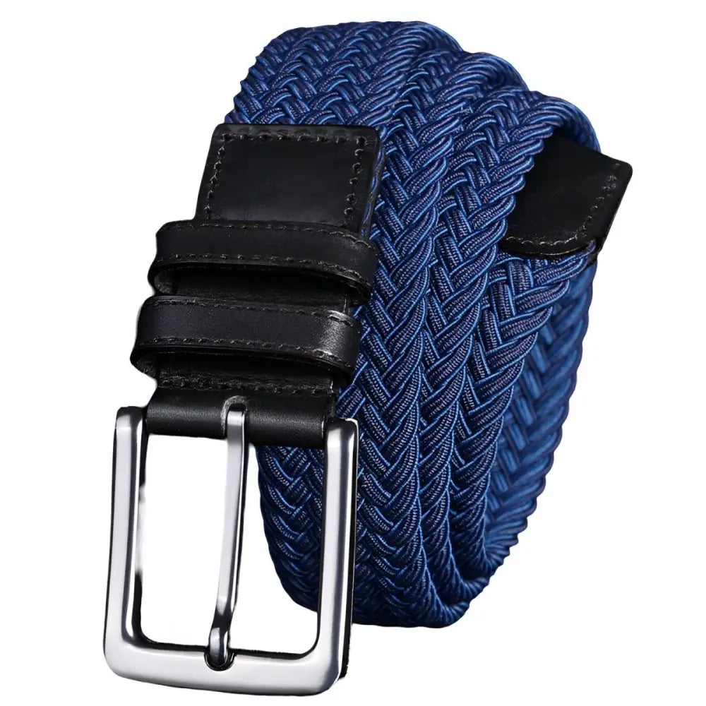 Green braided elastic belt with silver buckle and leather accents, showcasing a blue braided design