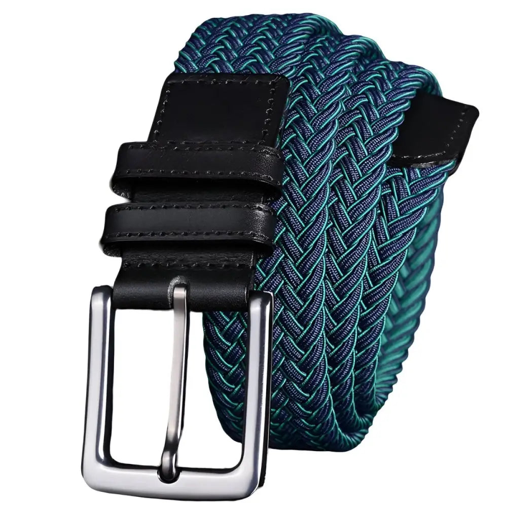 Green braided elastic belt with leather accents and silver buckle for stylish wear
