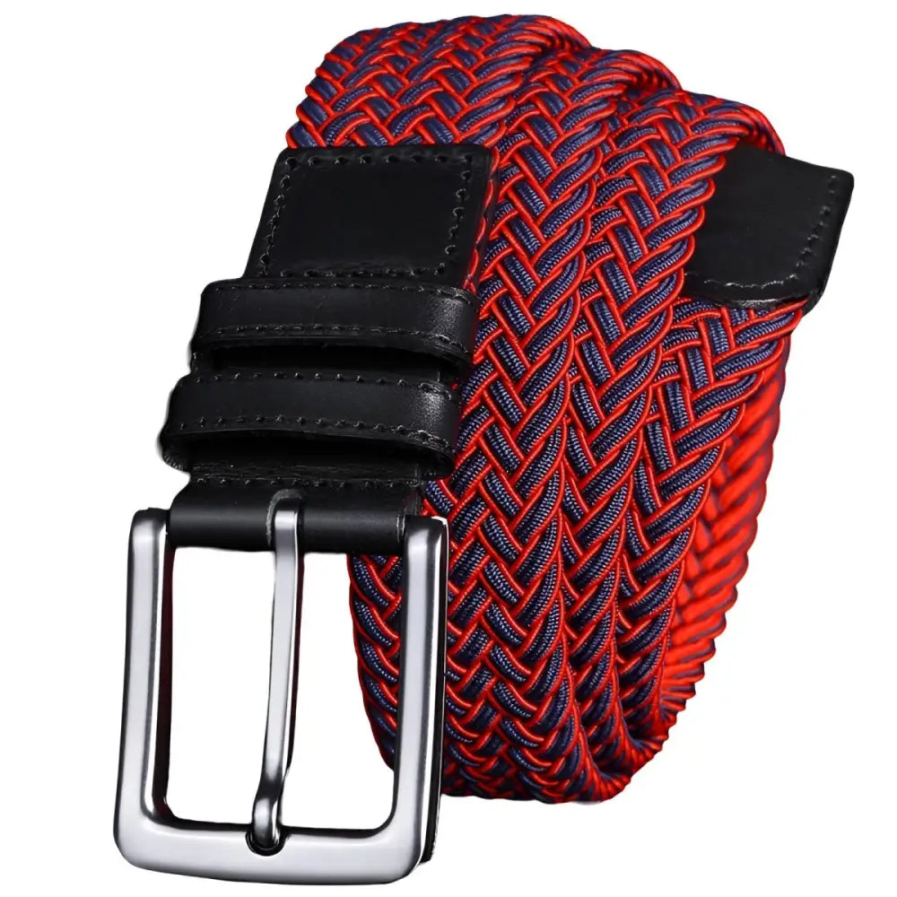 Green braided elastic belt with silver buckle and leather accents featuring red and blue braid