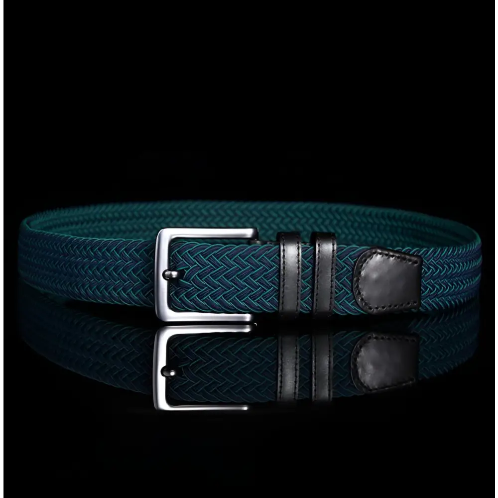 Green braided elastic belt with silver buckle and leather accents