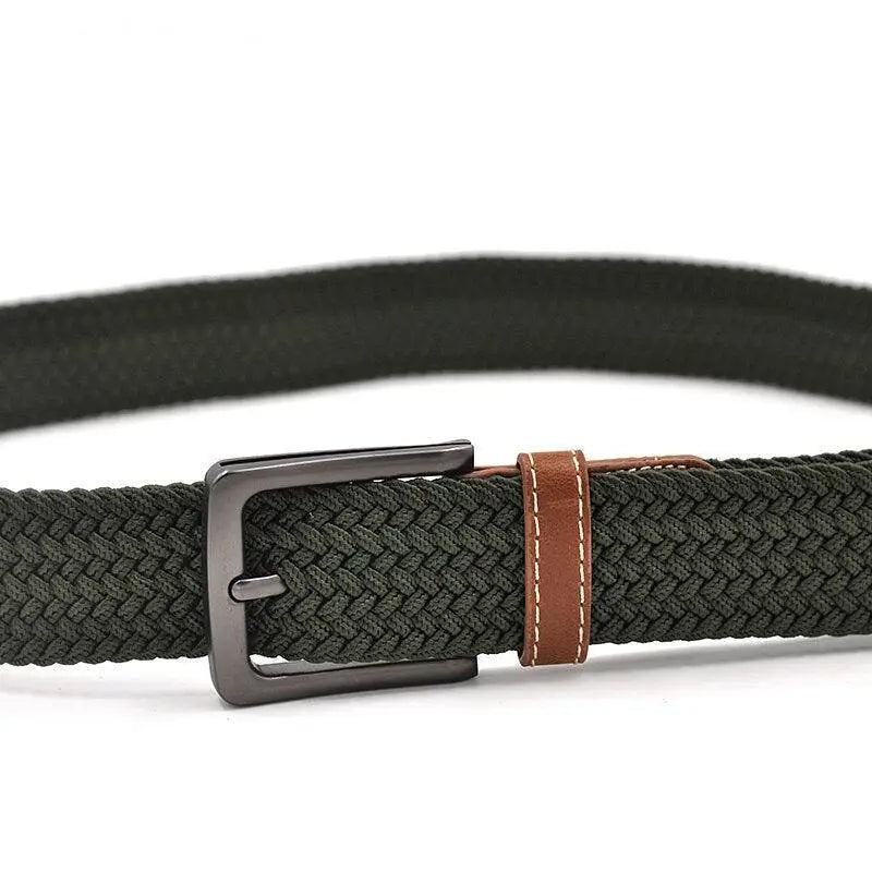 Braided green ceinture tressée élastique for homme with leather accents and metal buckle
