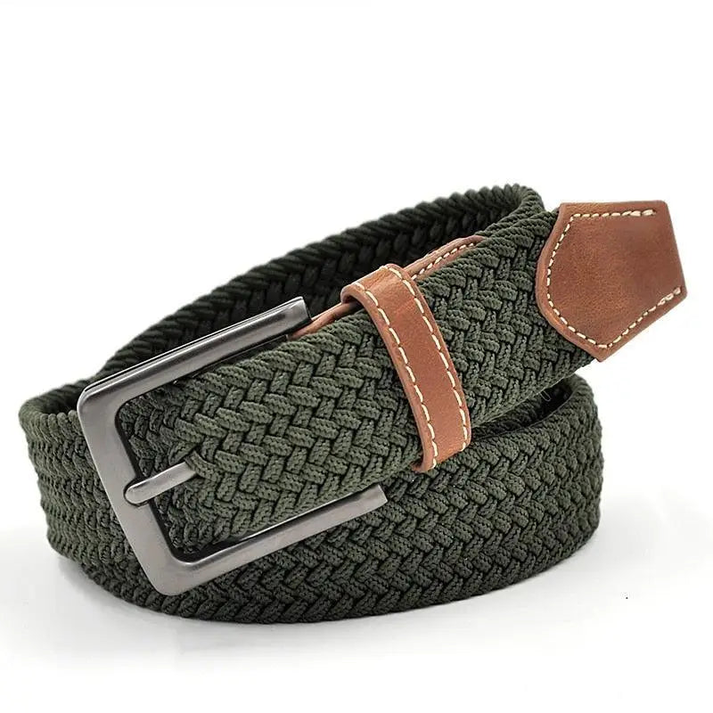 Braided green elastic belt with leather accents for men, Model Kaisie ceinture tressée élastique