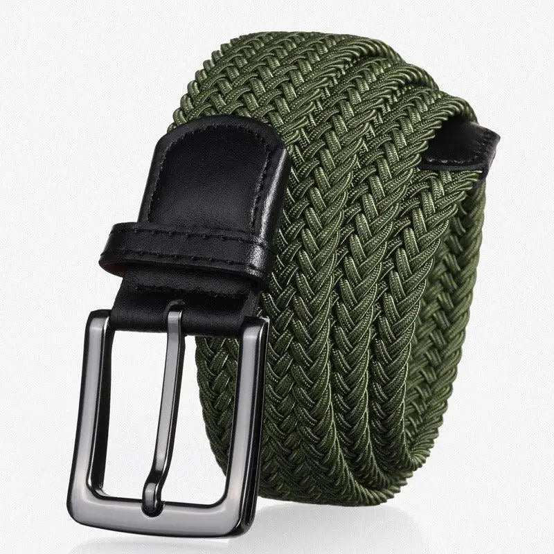 Kameron elastic braided belt with black leather accents and silver buckle for men and women