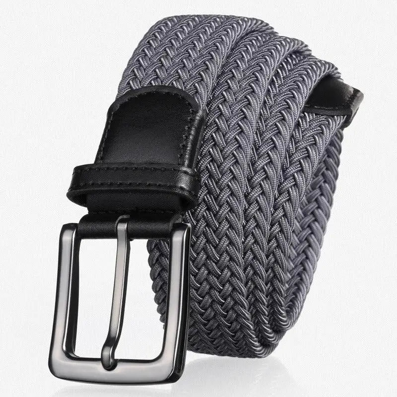 Kameron elastic braided belt with black leather accents and silver buckle for men and women