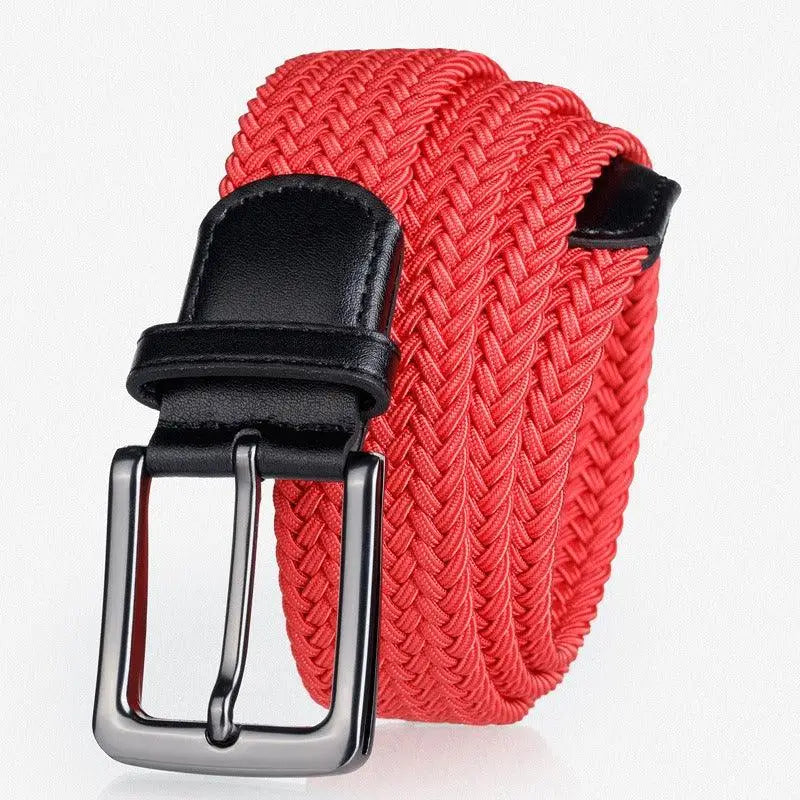 Red braided belt with black leather accents and silver buckle, Kameron Elastic Braided Belt