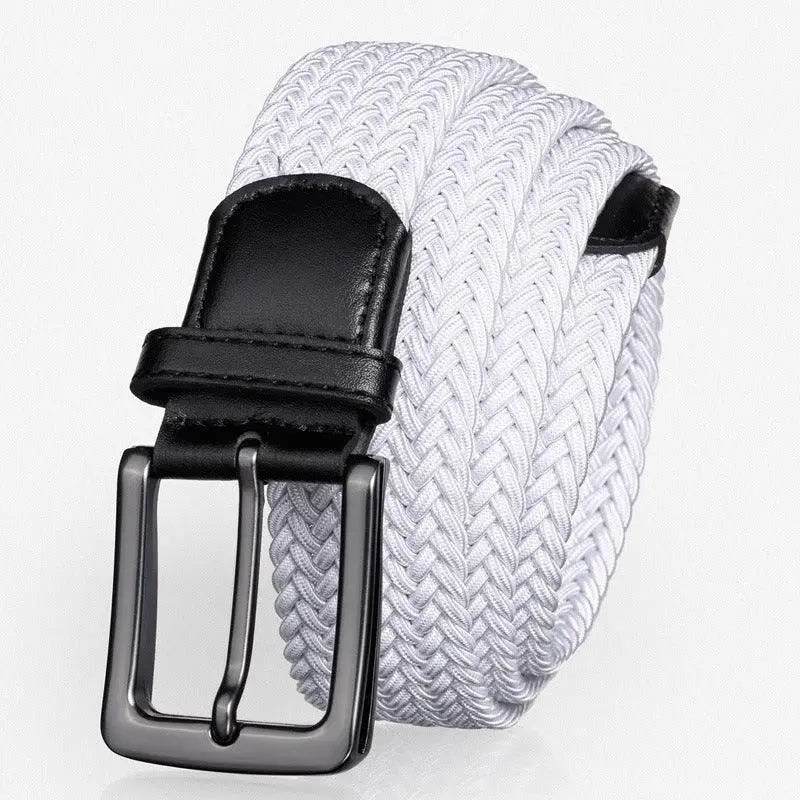 White braided Kameron Elastic Belt with black leather and metal buckle for men and women