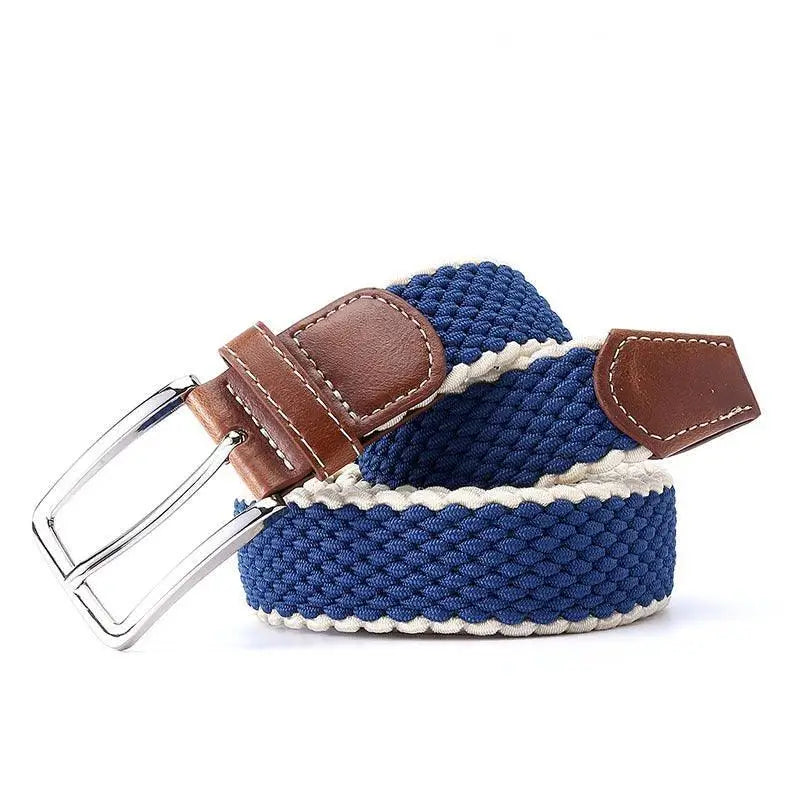 Blue braided elastic belt with brown leather accents and a silver buckle