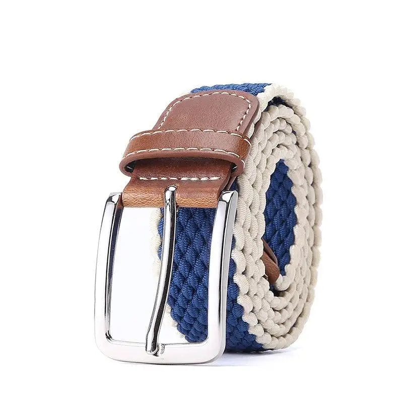 Blue braided elastic belt with leather accents and silver buckle for stylish fashion wear