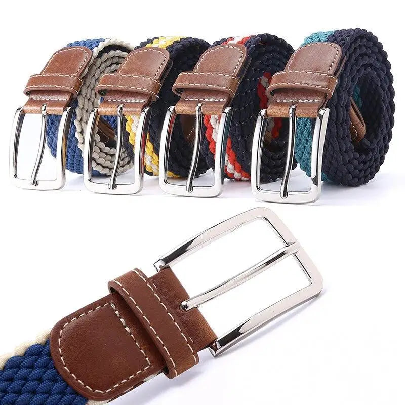 Blue braided elastic belt with leather accents and silver buckle for stylish wear