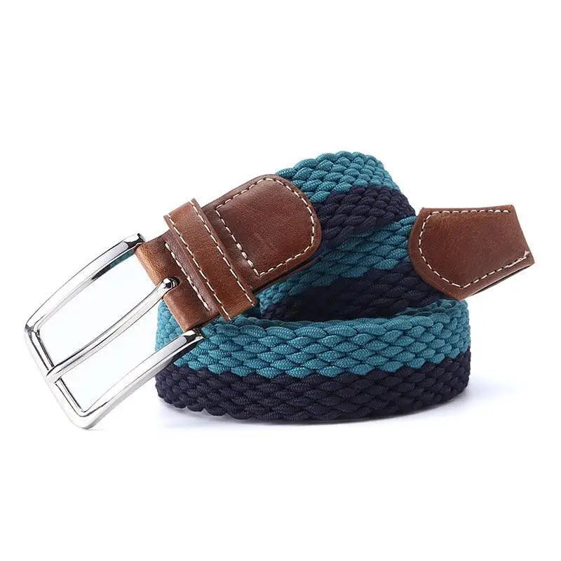 Blue braided elastic belt with leather accents and silver buckle for stylish outfits