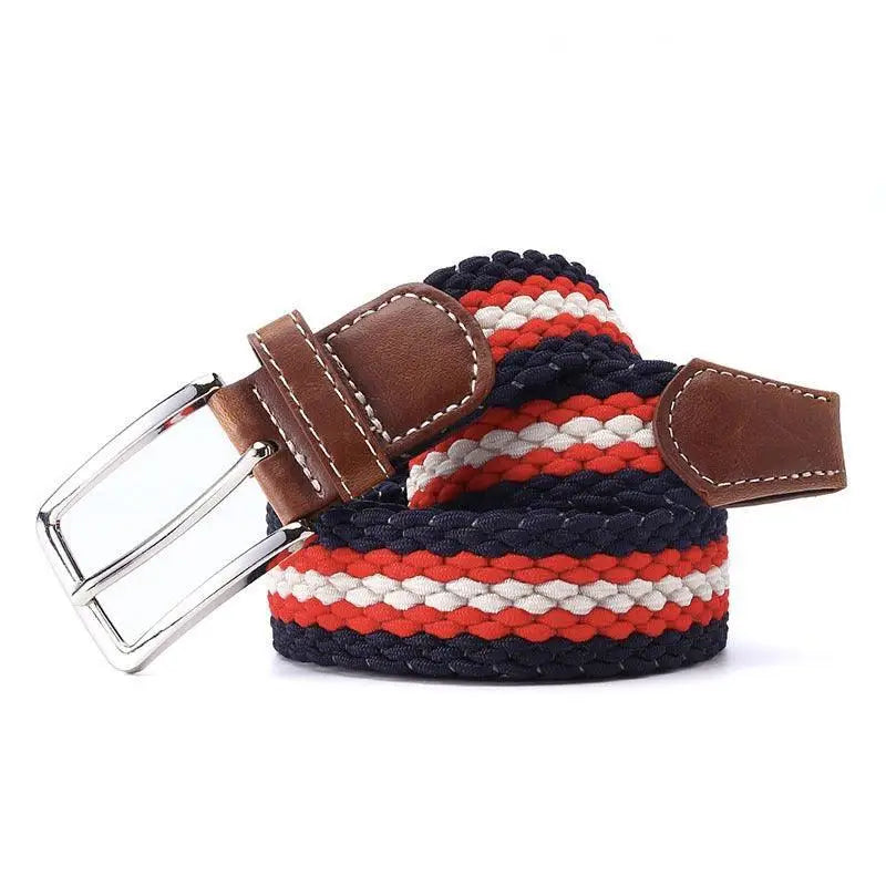 Blue braided elastic woven belt with leather accents and a silver buckle